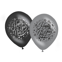 GLOBO HAPPY NEW YEAR NEGRO/PLATA 30CM 8UDES
